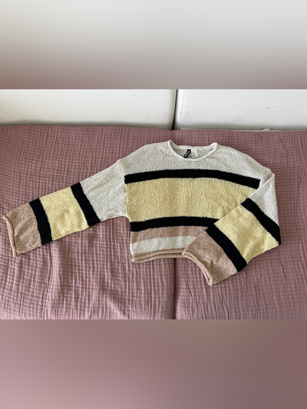 H&M Cropped Knit Sweater in Cream, Yellow, Black & Tan